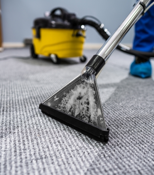 Professional carpet cleaning in Accokeek, MD with cleaner using steam equipment on living room carpet