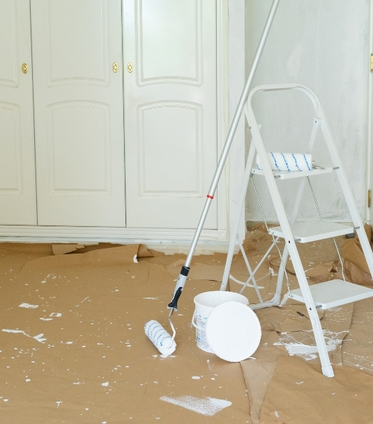 Dirty post construction site in Accokeek, MD with dust, debris, and leftover materials before cleaning